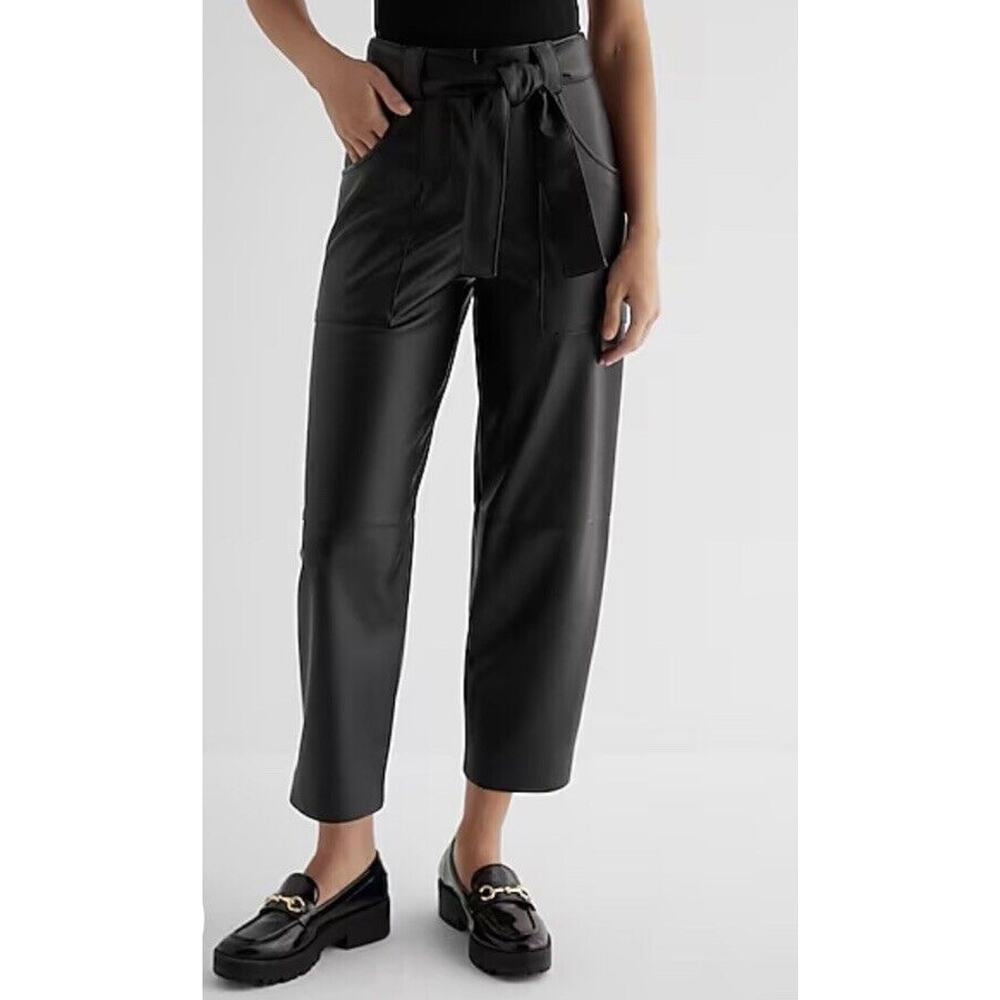 Express Women's Faux Leather High Waisted Belted Black Utility Ankle Pants M